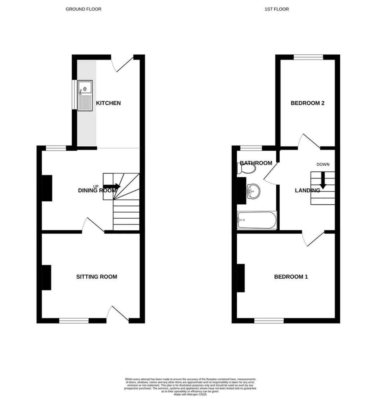Floor plan: ground floor with sitting room, dining room and kitchen; first floor with two bedrooms and bathroom