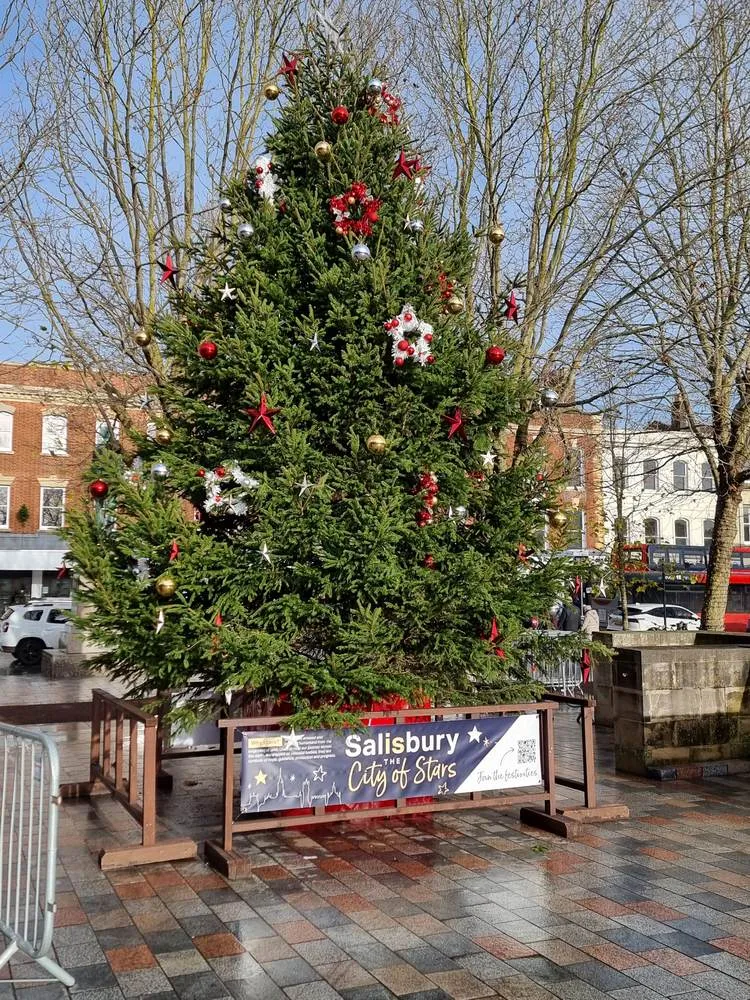The Christmas tree in Salisbury’s Market Square, decorated with red and silver baubles